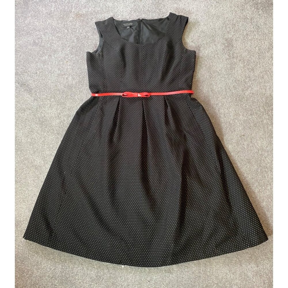 Black Label Evan-Picone Polka Dot Sleeveless Dress Pockets Red Belt Size 12